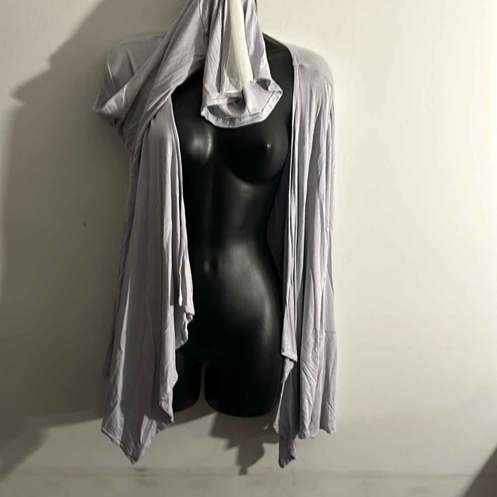 Design 365 Large blue open front cardigan w white sheer details & flare sleeves